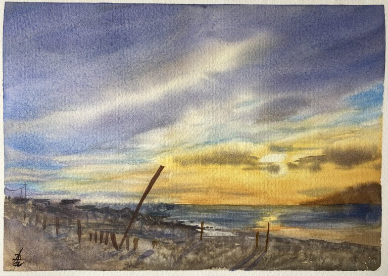 Pincel Escoda Ultimo e Demonstração completa de Paisagem em Aquarela - Pôr do sol Península Valdés
