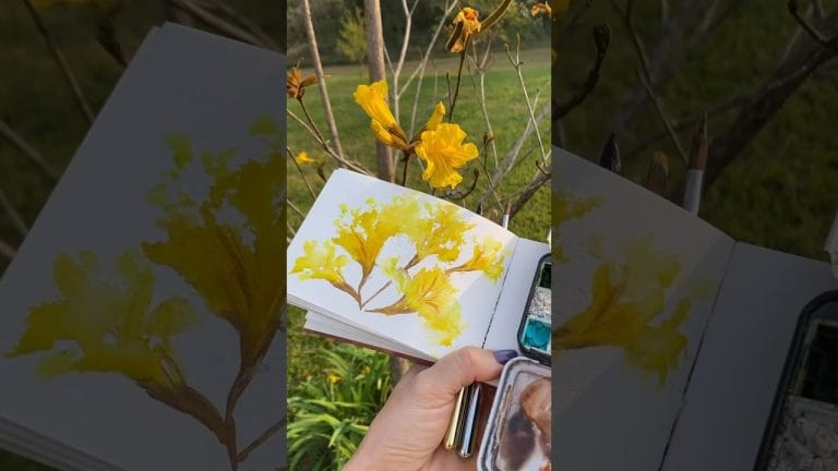 Flor do ipê amarelo em aquarela com borrifados #aquarela #sketchbook
